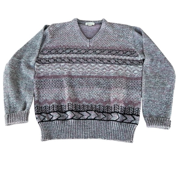 VTG Alexxus Exclusive Knit Grandpa Sweater Purple Geometric Fair Isle XL Taiwan - Picture 3 of 11